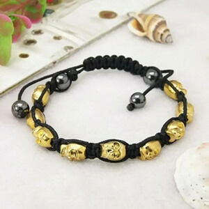 Gold Skulls Gunmetal Hematite Beads Black Macrame Adjustable Shamballa Bracelet